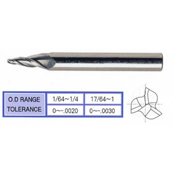 Yg-1 Tool 3 Flute Regular Length Ball Nose Tapered Ticn-Coated Carbide 88574TC - main
